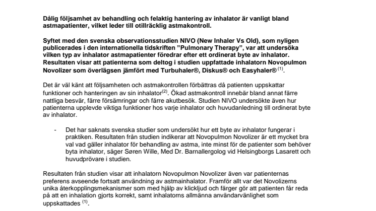 Svensk studie visar: Patienter med astma som ordineras byta inhalator föredrar Novopulmon® Novolizer®