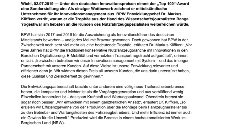 Vom Impulsgeber zum Serien-Innovator: Darum kürt Ranga Yogeshwar BPW jetzt zum Top-100-Mittelständler Deutschlands