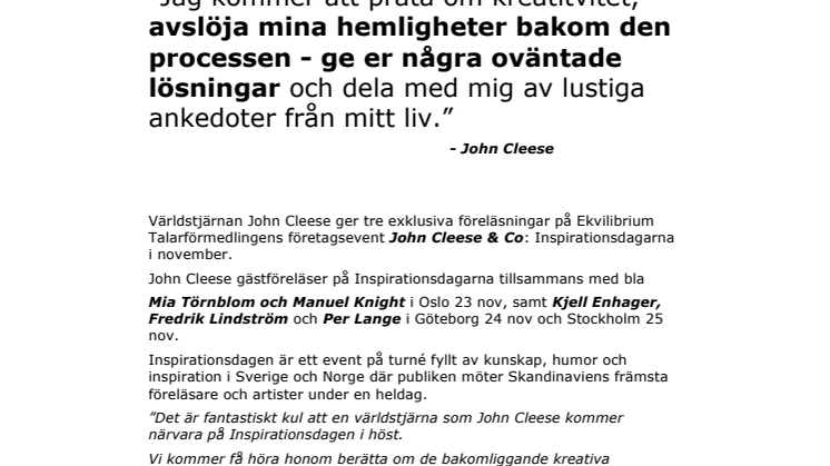 JOHN CLEESE GÄSTFÖRELÄSER PÅ INSPIRATIONDAGARNA I NOVEMBER