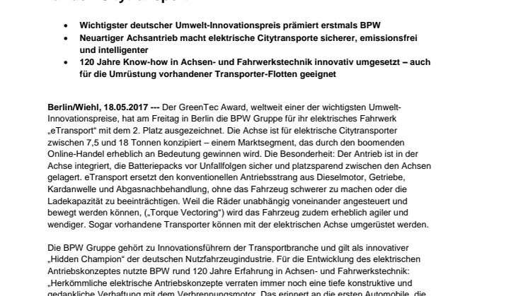 Aufatmen in der Innenstadt: 2. Platz beim GreenTec Award für BPWs eTransport – das elektrische Fahrwerk für den Citytransport