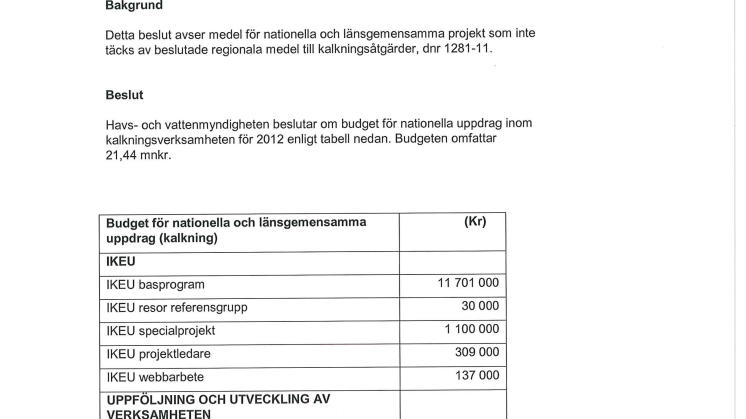 Kalkning nationellt beslut 2012