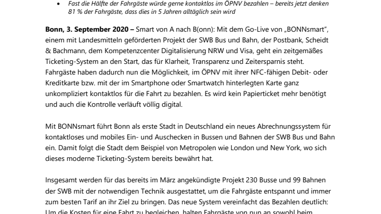 Go-Live von BONNsmart: Erstes kontaktloses ÖPNV Ticketing-System in Deutschland startet in Bonn