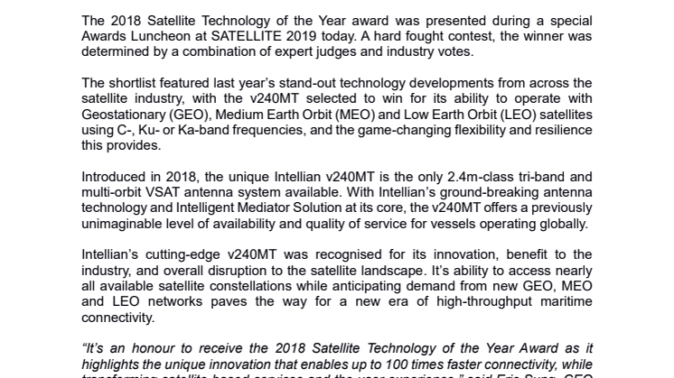 INTELLIAN WINS SATELLITE TECHNOLOGY OF THE YEAR AWARD 