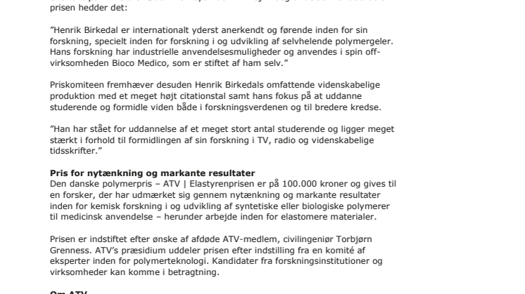 Den danske polymerpris – ATV | Elastyrenprisen 2019 til lektor Henrik Birkedal 