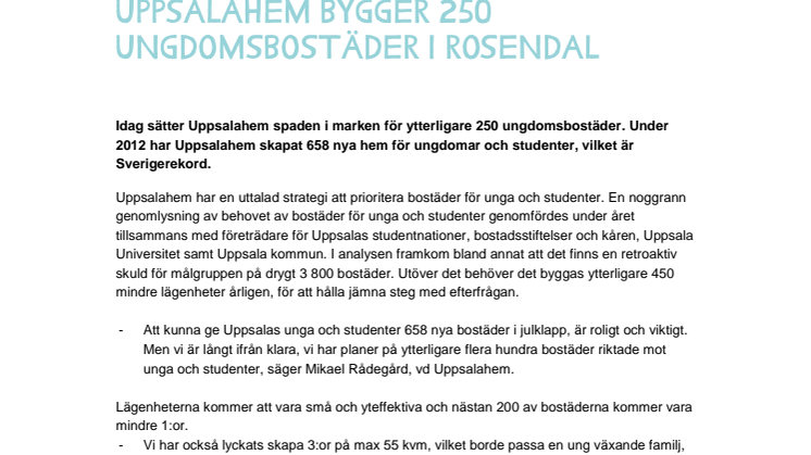 Uppsalahem bygger 250 ungdomsbostäder i Rosendal