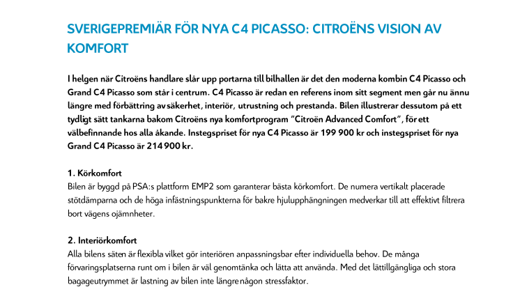 SVERIGEPREMIÄR FÖR FACELIFTADE C4 PICASSO: CITROËNS VISION AV KOMFORT