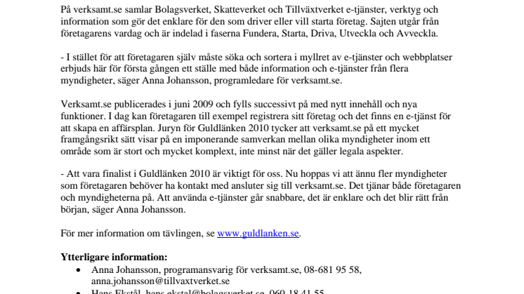 Företagarsajten verksamt.se finalist i Guldlänken 2010