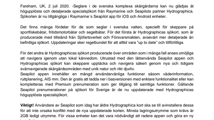 Seapilot sjökort för Sverige inkluderar nu Hydrographicas specialsjökort
