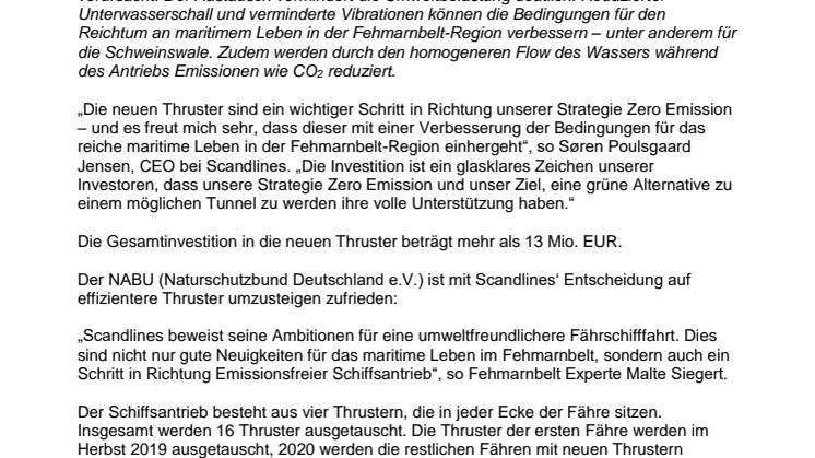 Neue Thruster auf Scandlines’ Hybridfähren werden den Unterwasserschall und die Luftemissionen auf dem Fehmarnbelt reduzieren