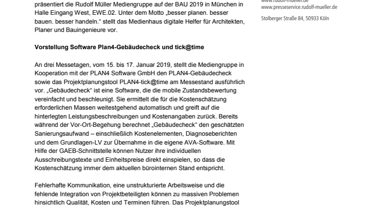 BAU 2019:   Rudolf Müller Mediengruppe mit Lösungen zur Zustandsbewertung von Immobilien und Ausschreibung
