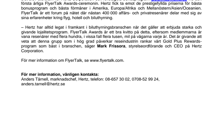 Storslam för Hertz på FlyerTalk Awards