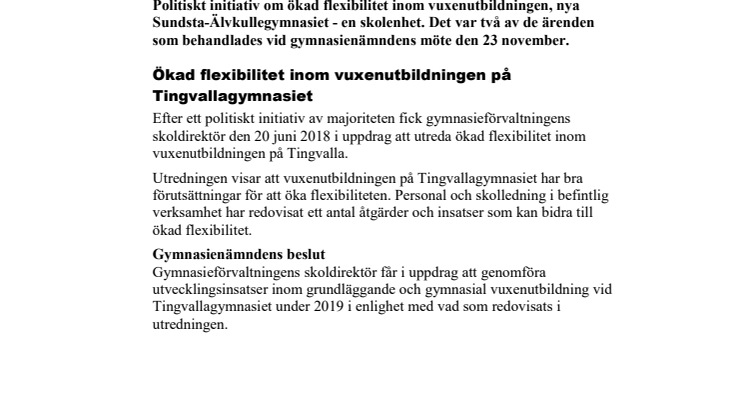 Gymnasienämnden i korthet 23 november