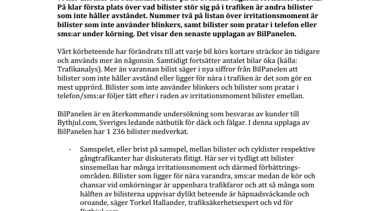 Undersökning från BilPanelen: Bilister som inte håller avstånd minst omtyckta i trafiken