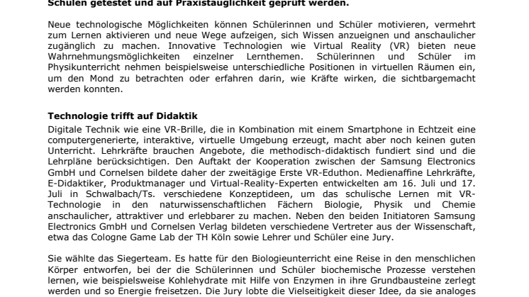 Mit virtueller Realität in der Schule lernen:  Samsung Electronics GmbH und Cornelsen starten zukunftsweisendes VR-Pilotprojekt für Naturwissenschaften