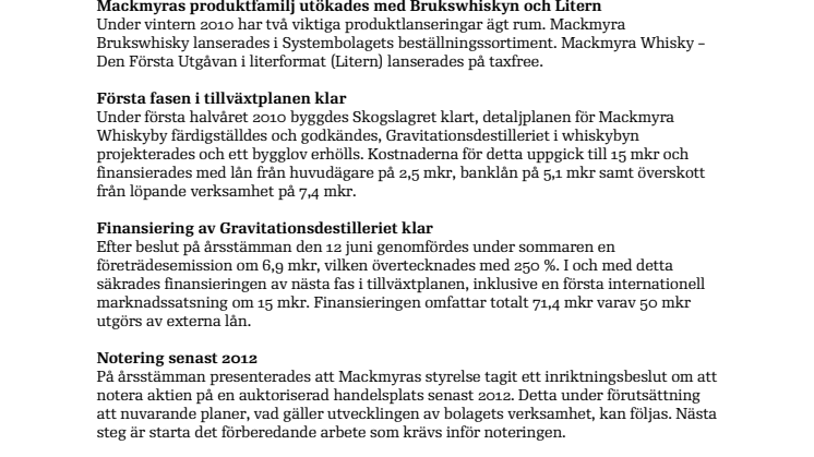Stark omsättningstillväxt för Mackmyra första halvåret 2010