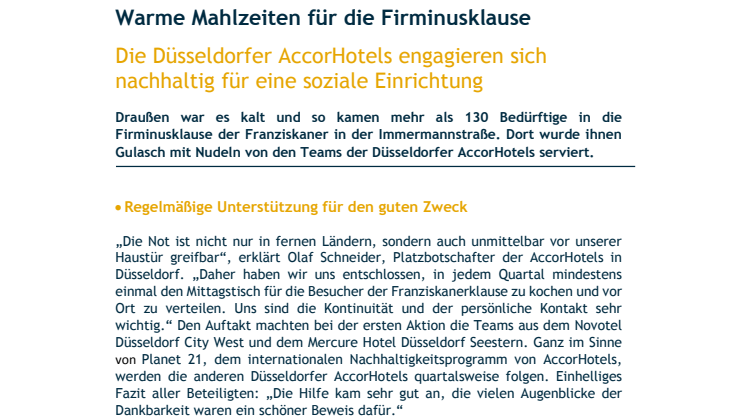 Regelmäßige Unterstützung für den guten Zweck. Düsseldorfer AccorHotels engagieren sich für Firminusklause