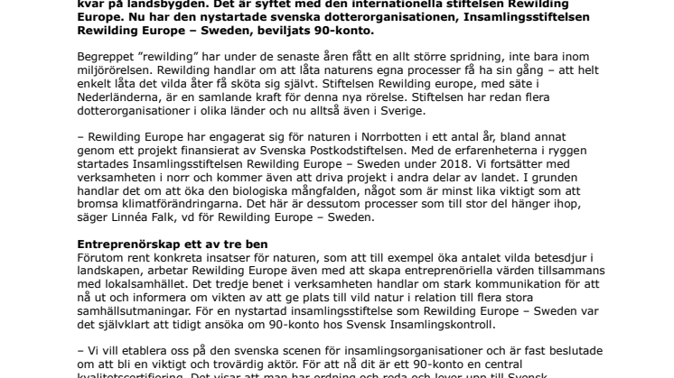 Insamlingsstiftelsen Rewilding Europe - Sweden har beviljats 90-konto