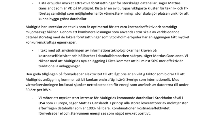 MULTIGRID UPPFÖR UNIK DATAHALL I KISTA