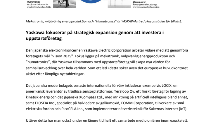 Yaskawa fokuserar på strategisk expansion genom att investera i uppstartsföretag.