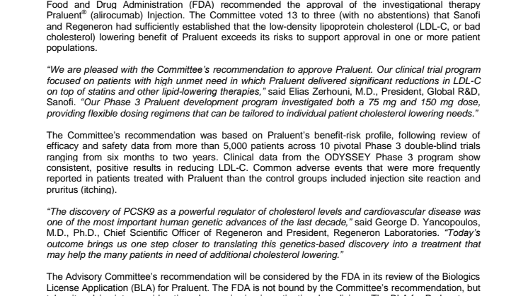 FDA Advisory Committee Recommends Approval of Sanofi and Regeneron’s Praluent ® (alirocumab) Injection for Patients with Hypercholesterolemia