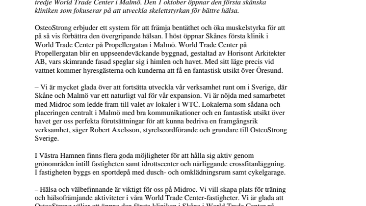 OsteoStrong blir ny hyresgäst i World Trade Center på Propellergatan, Västra Hamnen