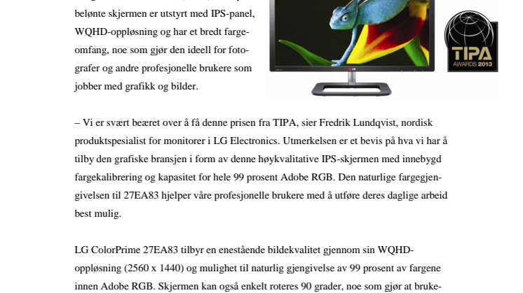 LGs IPS-MONITOR 27EA83 ER KÅRET TIL BESTE FOTOSKJERM UNDER TIPA AWARDS 2013