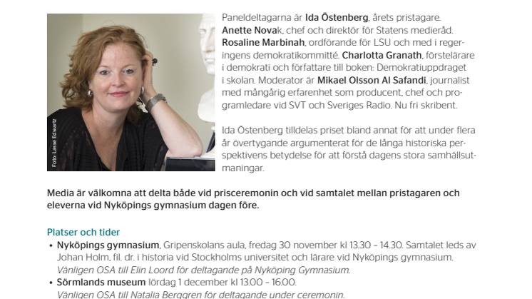 Pressinbjudan till utdelningen av Stora historiepriset lördag 1 december kl 13 på Sörmlands museum