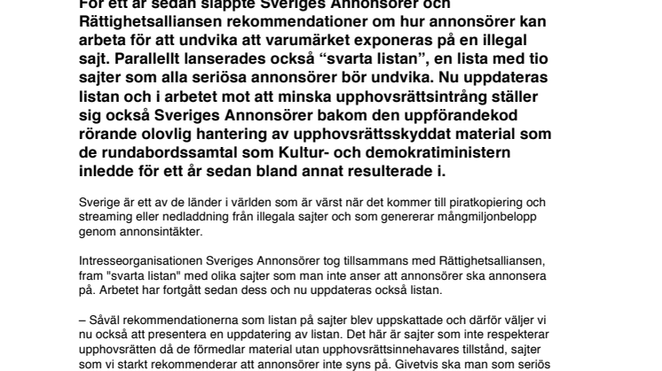 Sveriges Annonsörer och Rättighetsalliansen uppdaterar “svarta listan”: Annonsör – undvik dessa filmsajter!
