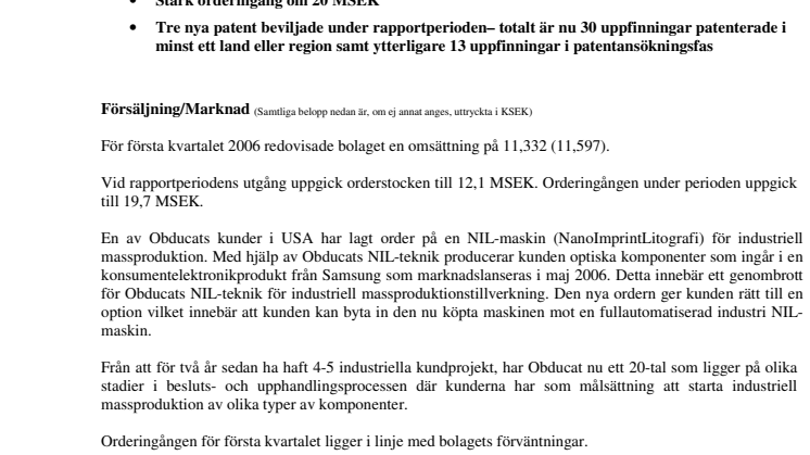 DELÅRSRAPPORT OBDUCAT AB (PUBL) JANUARI  MARS 2006