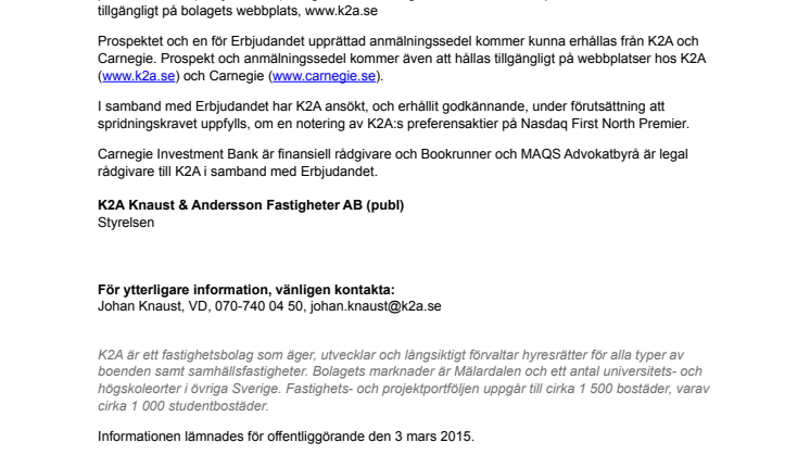 K2A offentliggör prospekt