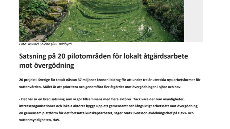 Satsning på 20 pilotområden för lokalt åtgärdsarbete mot övergödning