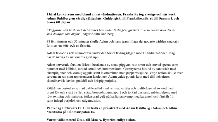 Adam Dahlberg sexa i kock-VM - Bocuse d’Or avgjort i Lyon 