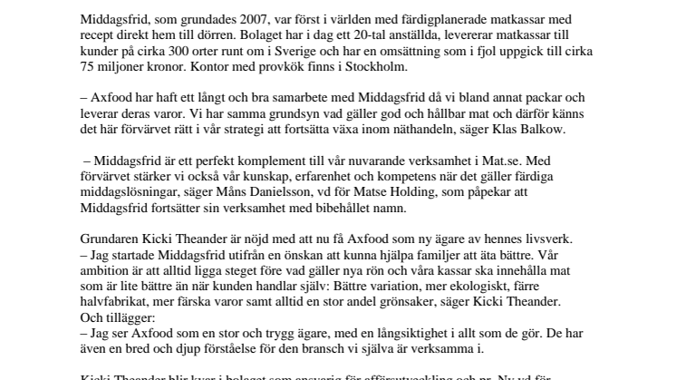 Axfood förvärvar Middagsfrid