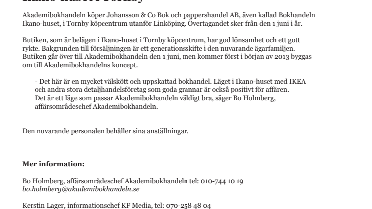 Akademibokhandeln köper Bokhandeln Ikano-huset i Tornby