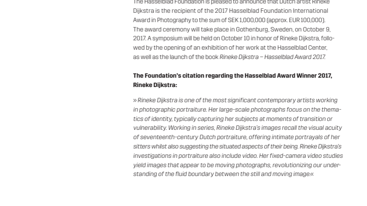 ​Rineke Dijkstra Hasselblad Award Winner 2017