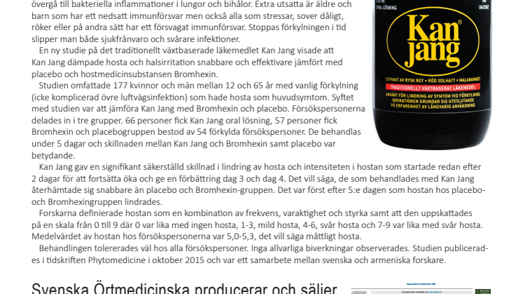 Ny studie visar:Kan Jang lindrar förkylningssymtom snabbare än Bromhexin och placebo