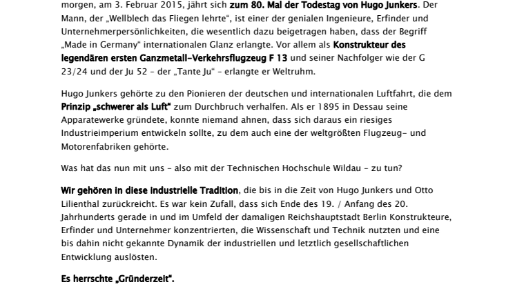 Vortragsveranstaltung zum 80. Todestag von Hugo Junkers