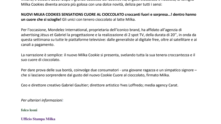 MILKA DI NUOVO IN TV CON UNA NOVITA’ NELLA GAMMA BISCOTTI: COOKIES SENSATIONS CUORE AL CIOCCOLATO
