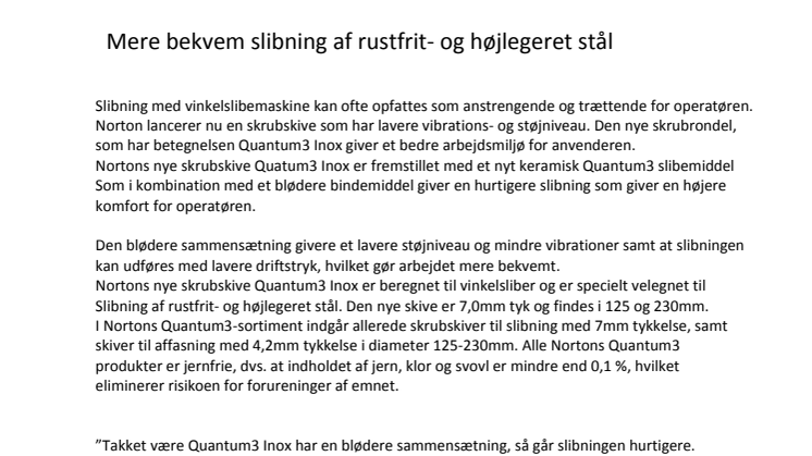 Mere bekvem slibning af rustfrit- og højlegeret stål med Quantum3 Inox