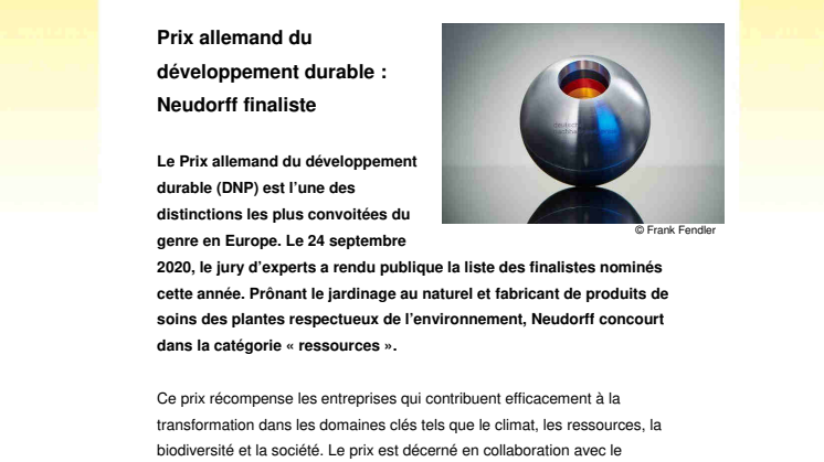 Information presse : Prix allemand du développement durable : Neudorff finaliste