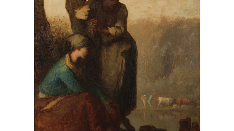 _Jean-François Millet (1814-1875) Jeunes filles à Barbizon ou Paysannes au repos Circa 1850, selon le PR. R. L. Herbert Huile sur toile Signée en bas au milieu 46,5 x 38 cm Estimates_200,000 - 300,000