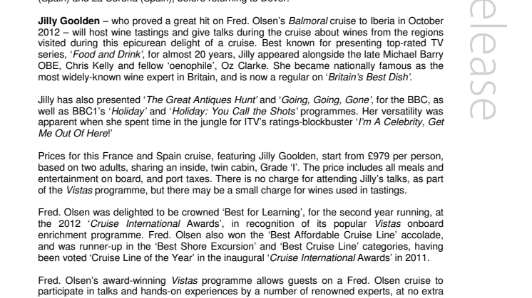 Jilly Goolden to return to Fred. Olsen Cruise Lines for an autumn 2013 ‘Wines of France and Spain’ Vistas cruise