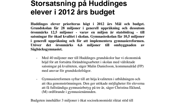 Storsatsning på Huddinges elever i 2012 års budget