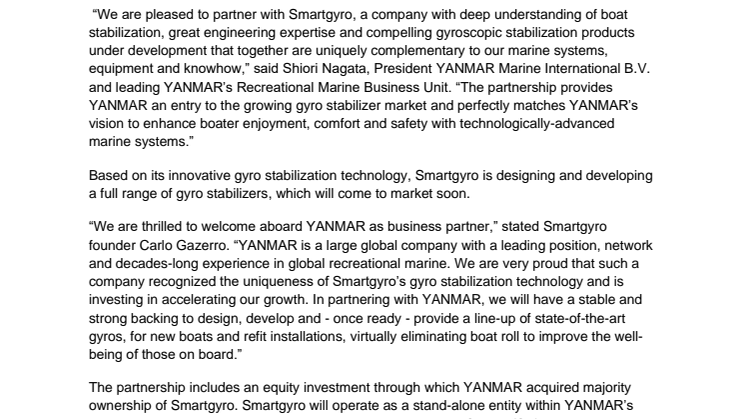 YANMAR and Smartgyro Announce Strategic Partnership