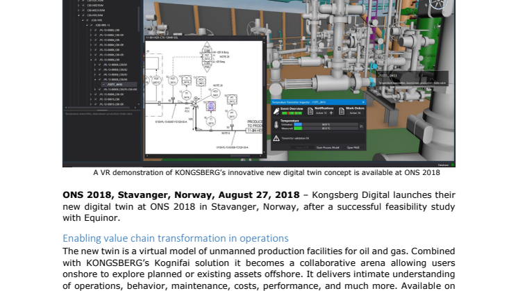 Kongsberg Digital launches digital twin technology for unmanned production facilities at ONS 2018