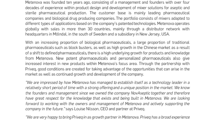 Priveq - new growth partner of Metenova