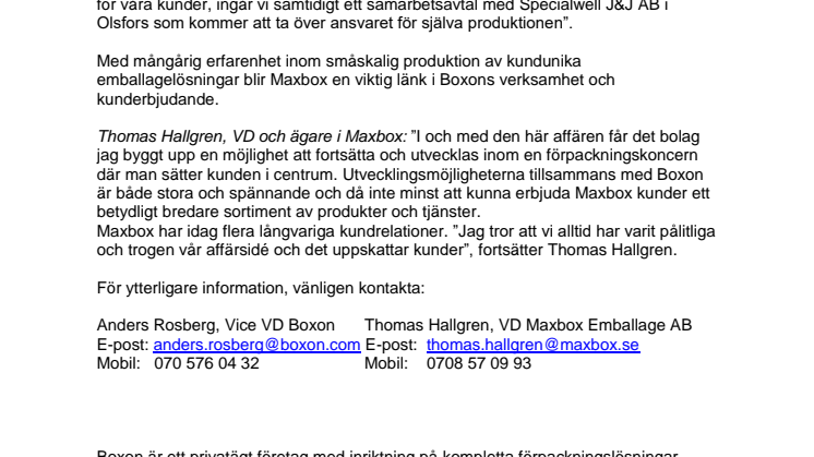 Boxon förvärvar Maxbox Emballage AB