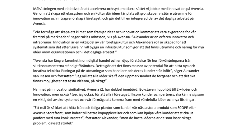 Alexander van Riesen blir Innovation Director  när Avensia sjösätter idé- och innovationsinitiativet Avensia i2