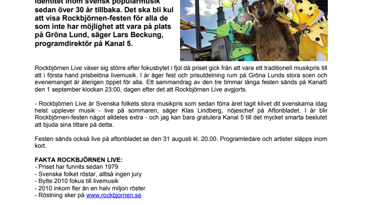 Kanal5 och Aftonbladet i samarbete om Rockbjörnen Live