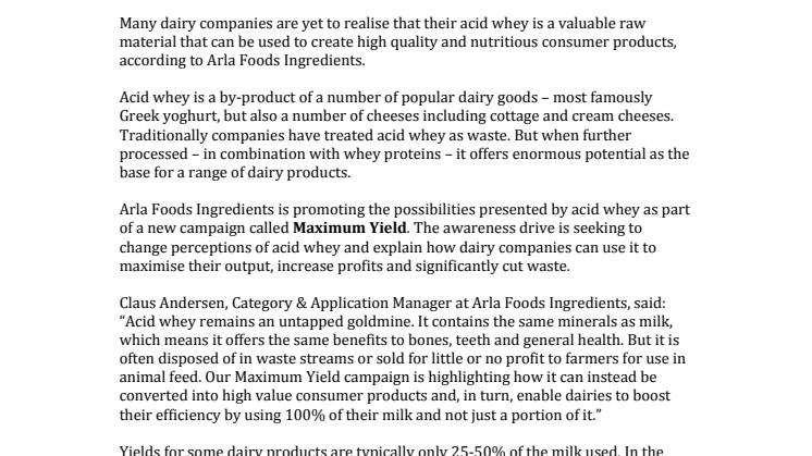 Acid whey isn’t waste – it’s a goldmine says Arla Foods Ingredients